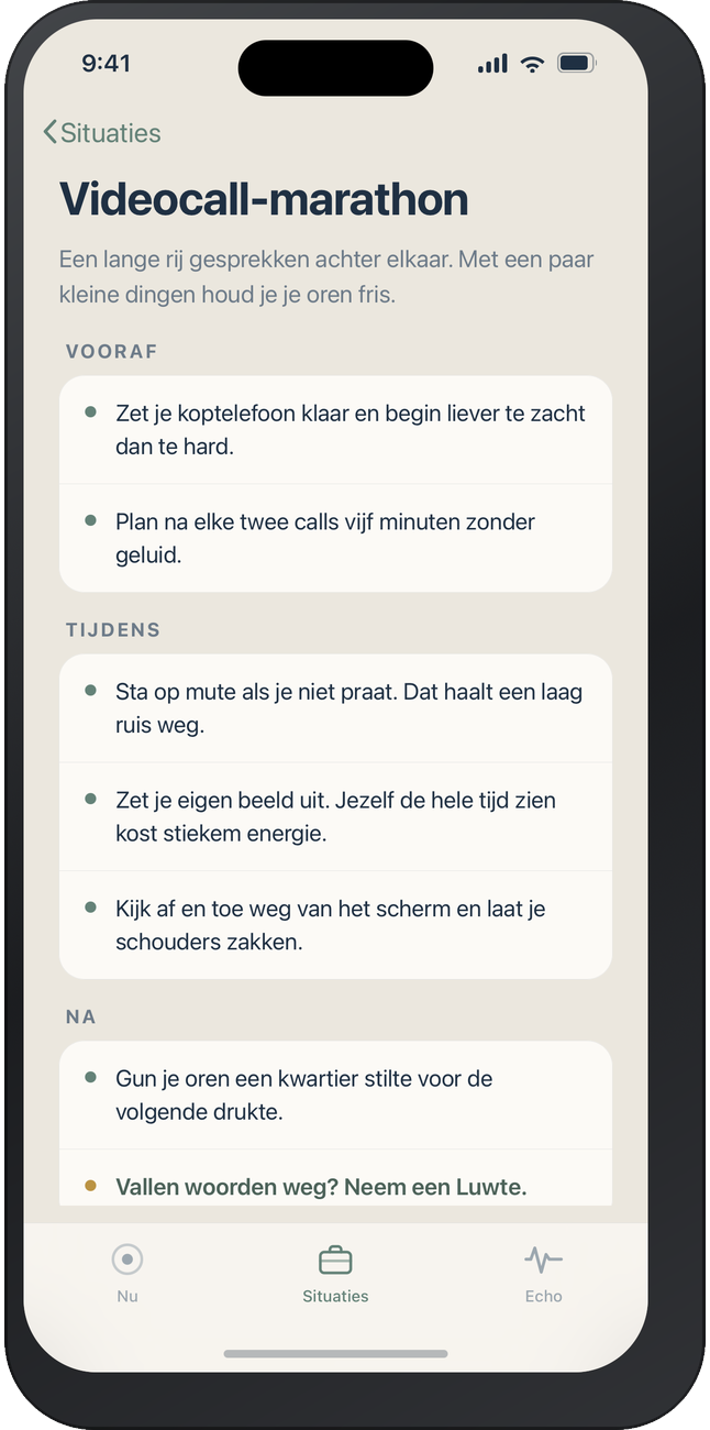 App-scherm met tips voor een videocall-marathon