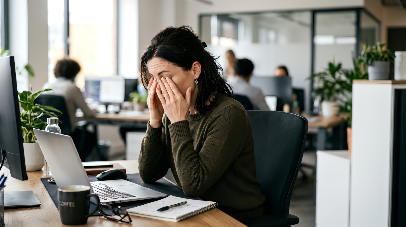 Medewerker die aan het eind van een drukke werkdag vermoeid achter het bureau zit