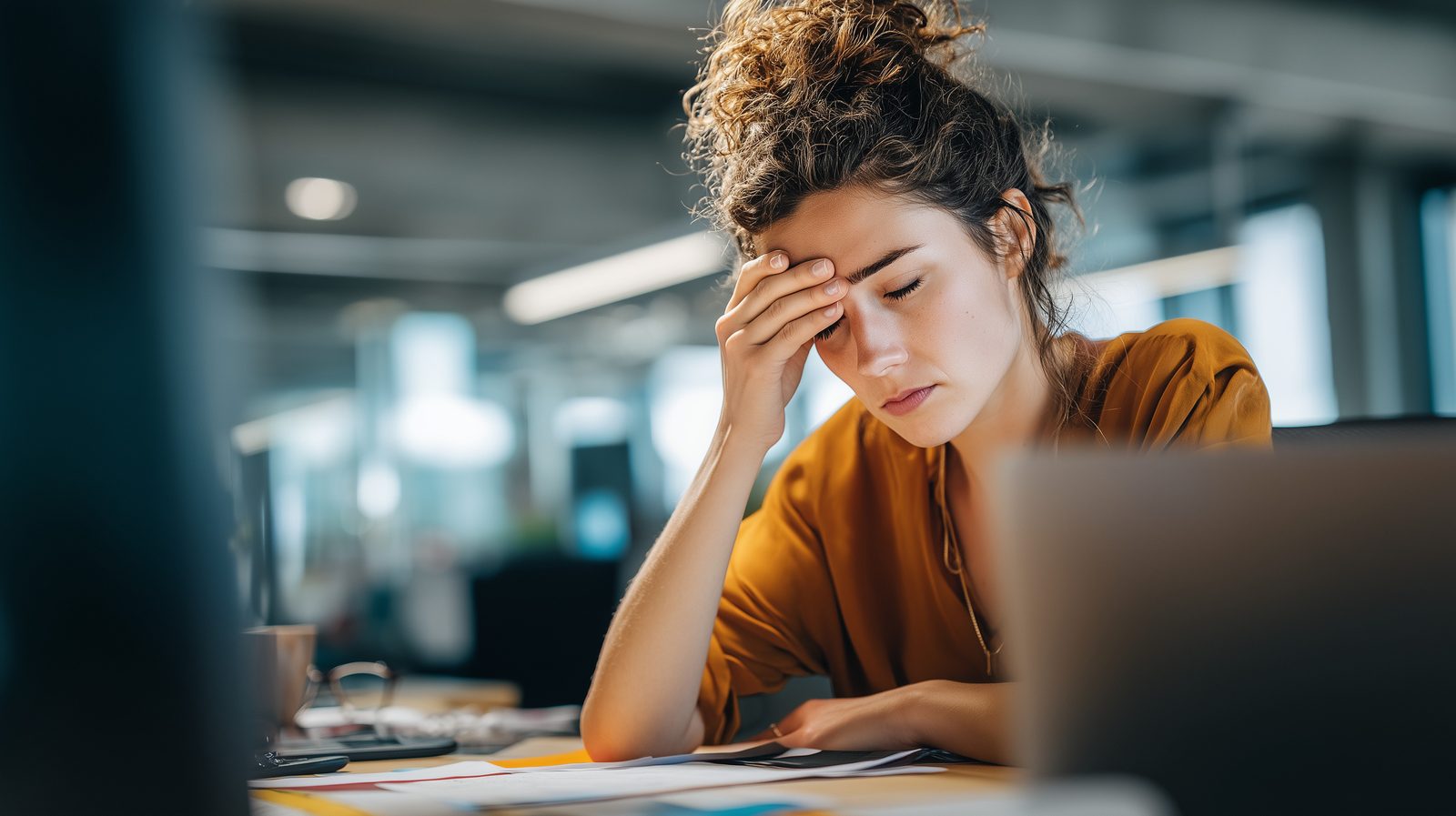 Medewerker die aan het eind van een werkdag vermoeid achter het bureau zit